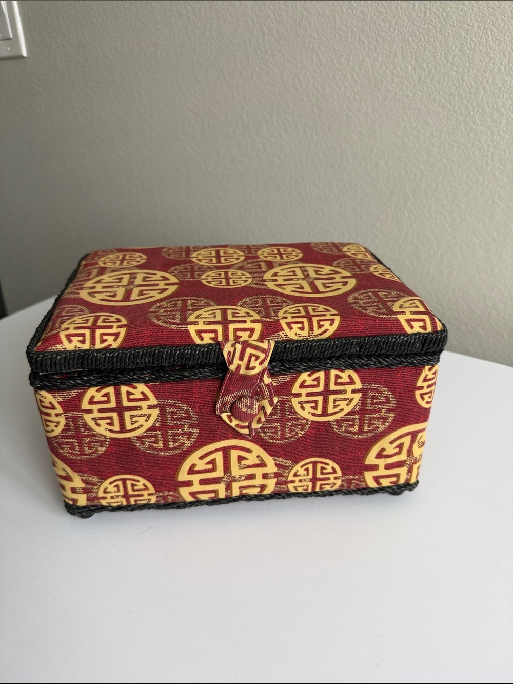 Decorative Red and Gold Fabric Jewelry Box with Black Trim
